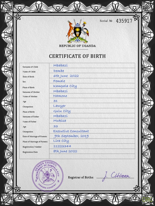 Modèle PSD de certificat de naissance ougandais
